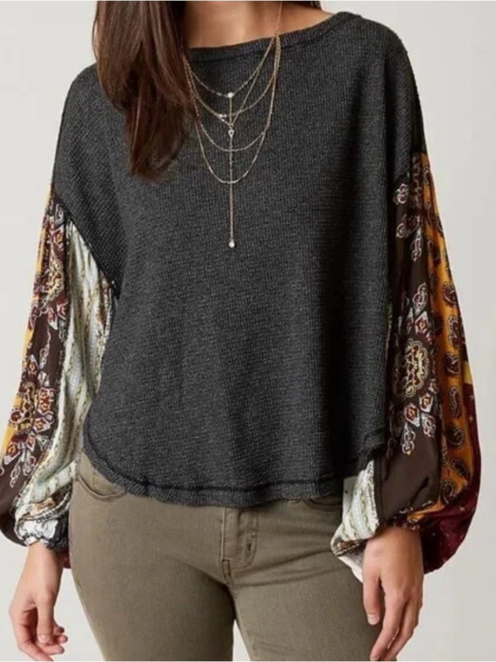 We The Free Charcoal Top with Colorful Patterned Sleeves